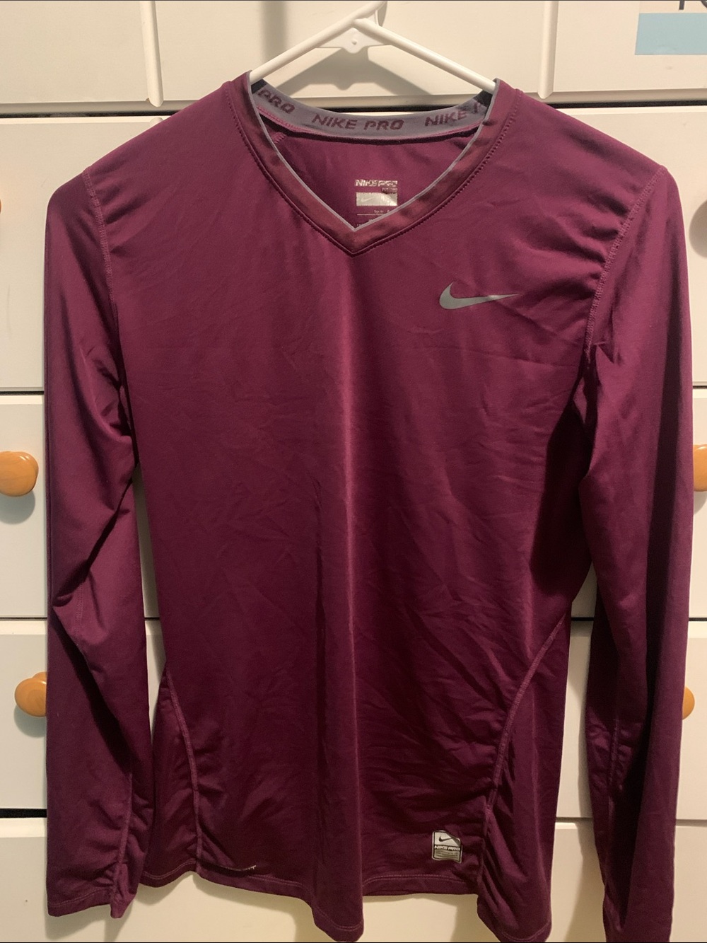 Nike Pro Long Sleeve V-Neck Top in Deep Berry